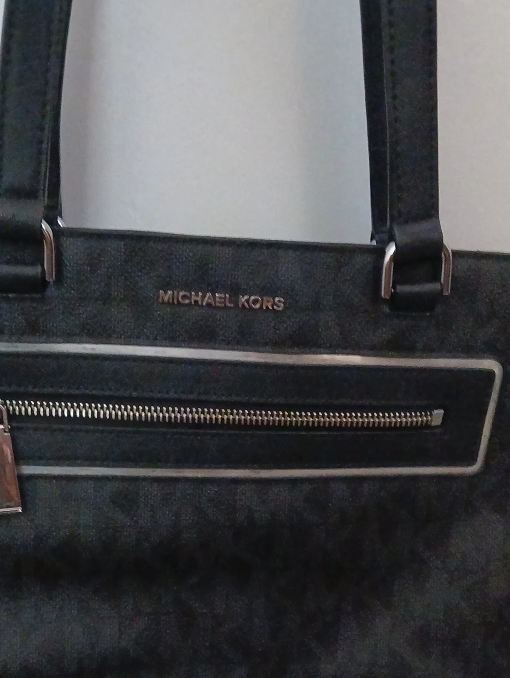 Michael Kors Black Logo Tote with Silver Trim and Front Zip